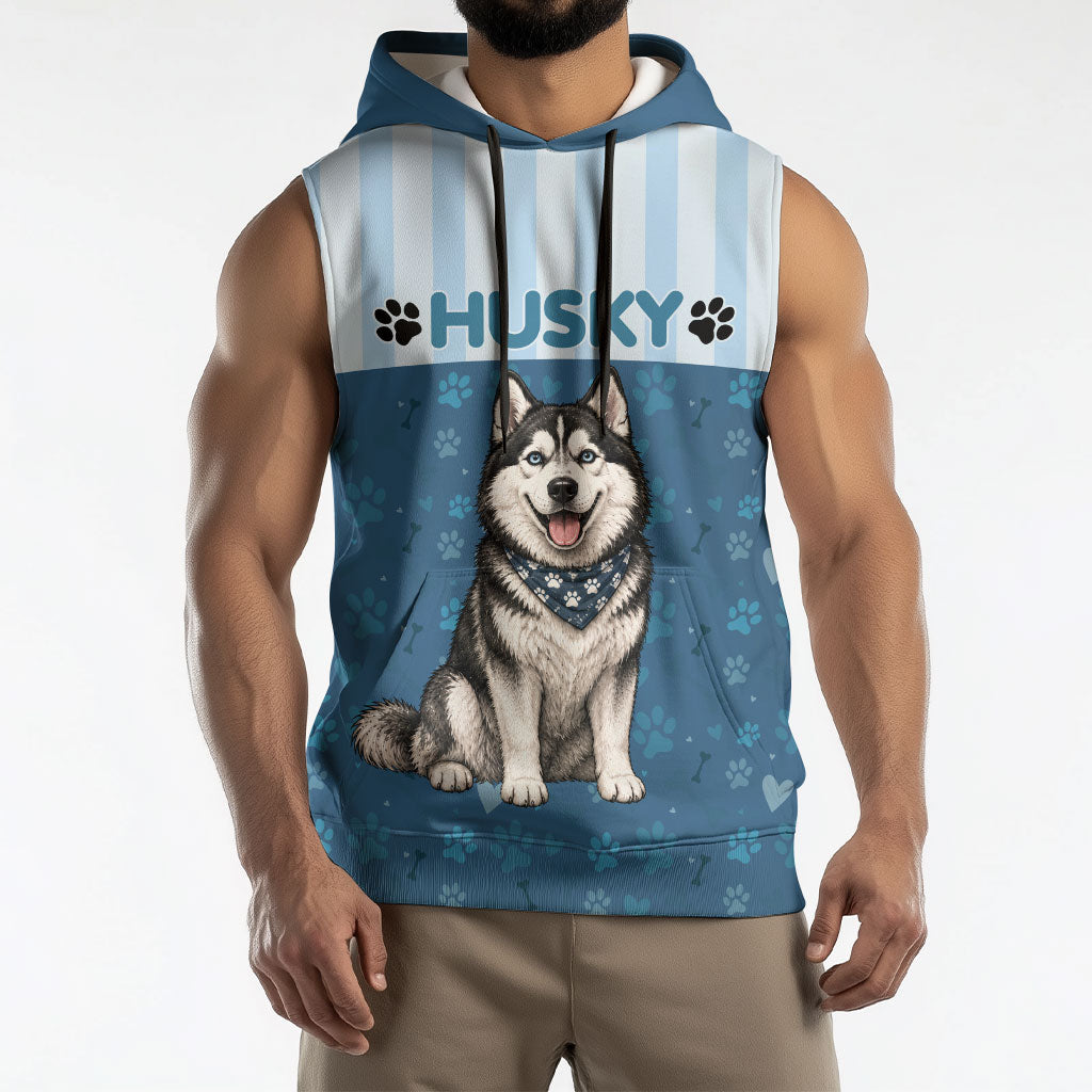 Husky Hair Is My Glitter Sleeveless Hoodie Funny Dog Quote Paw Print Pattern