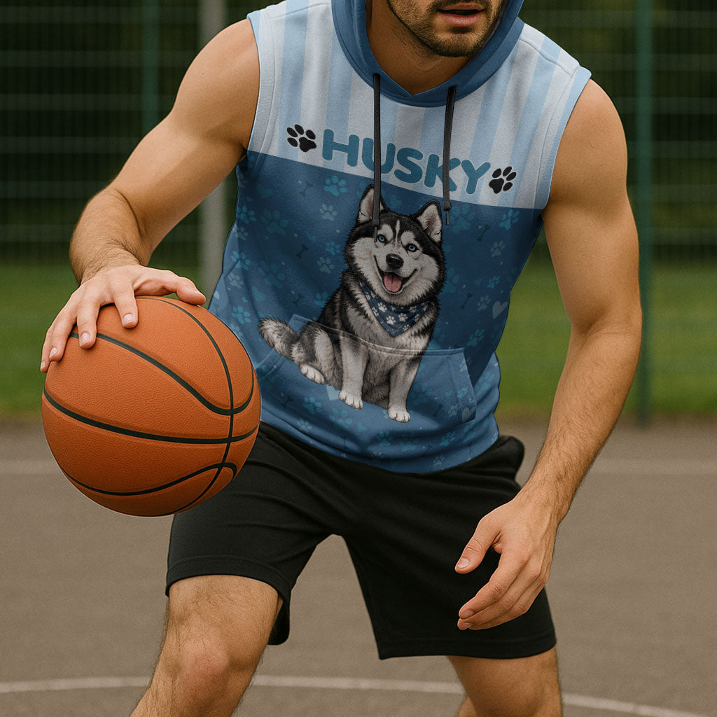 Husky Hair Is My Glitter Sleeveless Hoodie Funny Dog Quote Paw Print Pattern