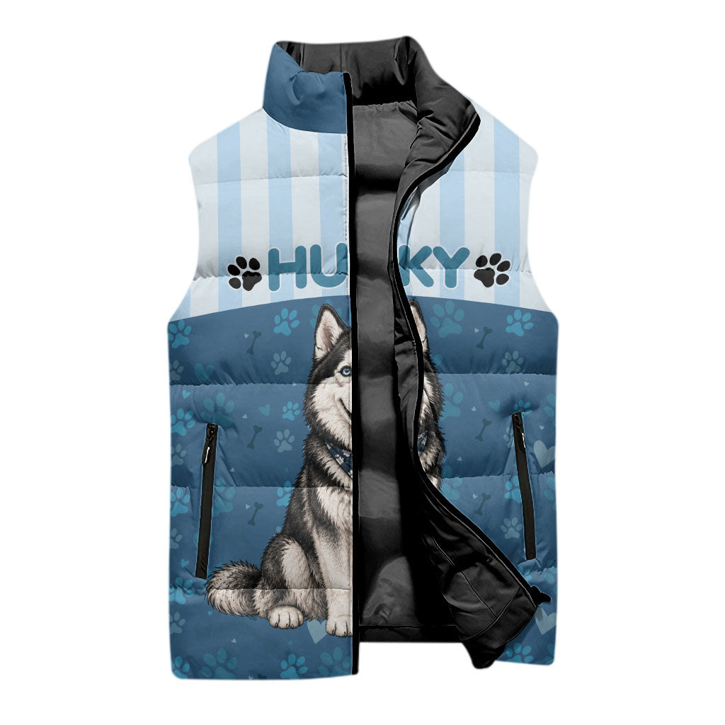 Husky Hair Is My Glitter Sleeveless Puffer Jacket Funny Dog Quote Paw Print Pattern