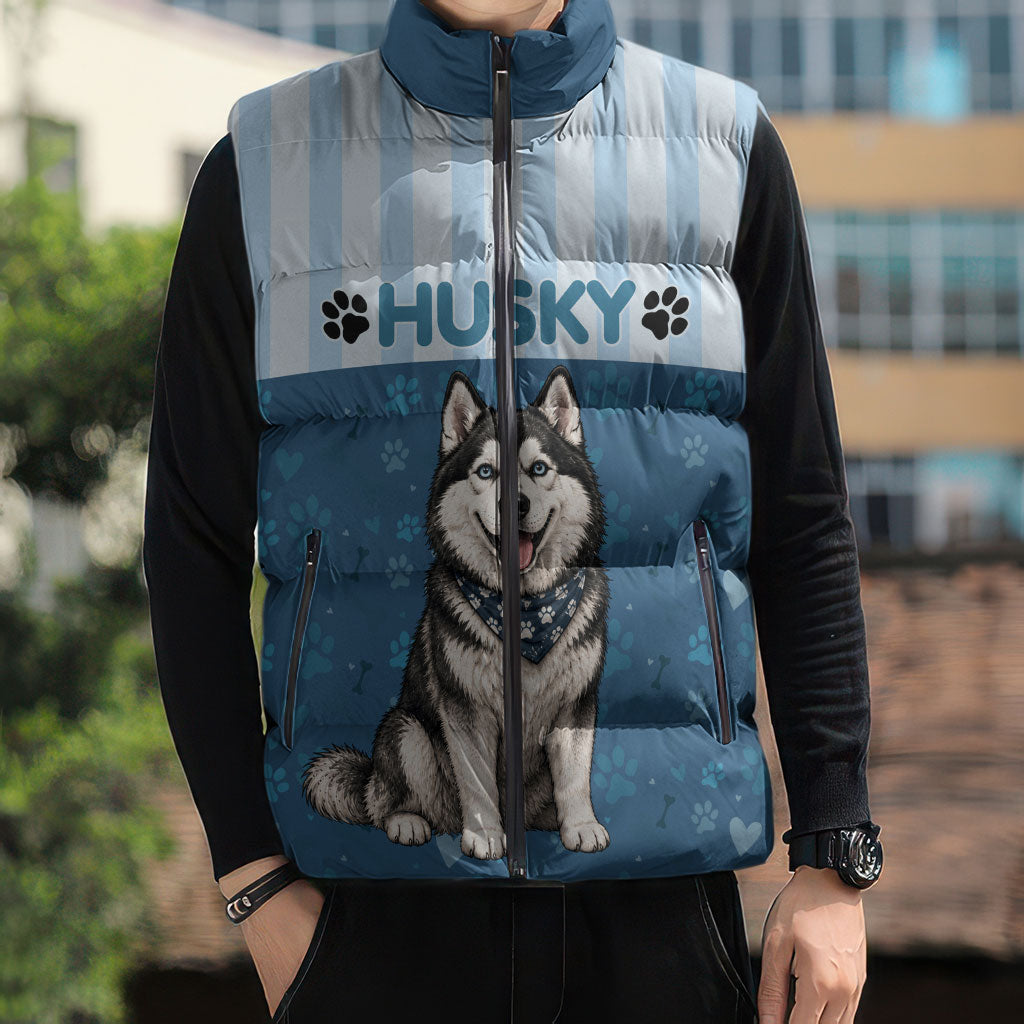 Husky Hair Is My Glitter Sleeveless Puffer Jacket Funny Dog Quote Paw Print Pattern