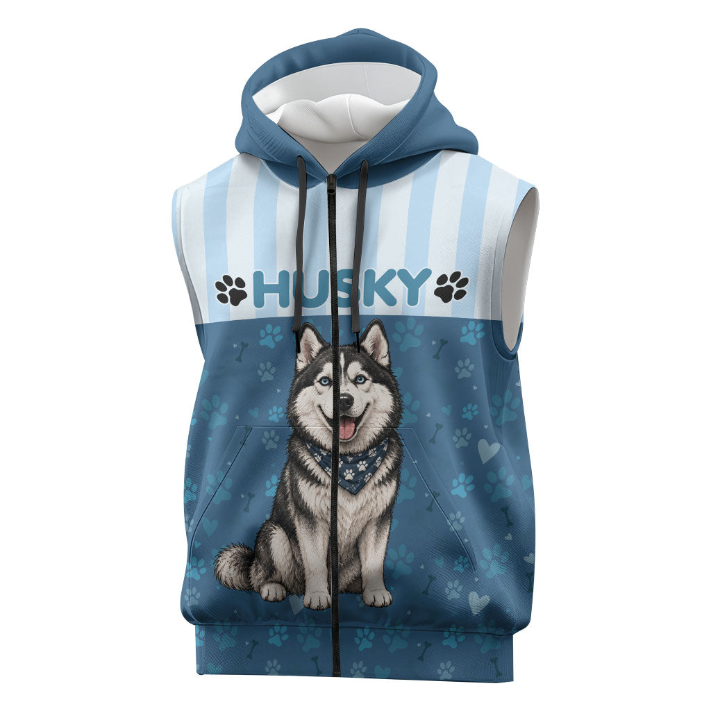 Husky Hair Is My Glitter Sleeveless Zip Hoodie Funny Dog Quote Paw Print Pattern