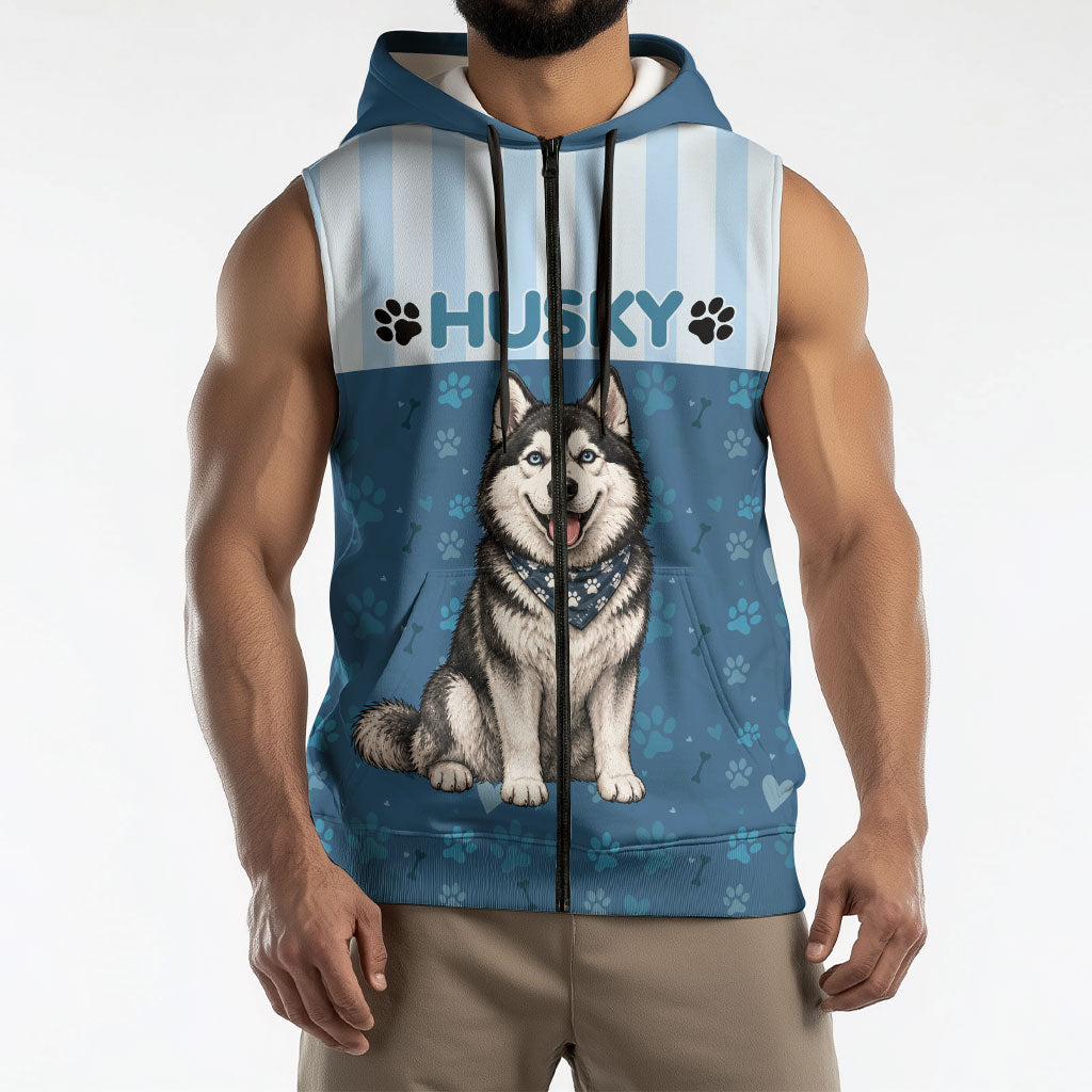 Husky Hair Is My Glitter Sleeveless Zip Hoodie Funny Dog Quote Paw Print Pattern