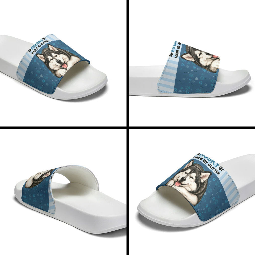 Husky Hair Is My Glitter Slide Sandals Funny Dog Quote Paw Print Pattern