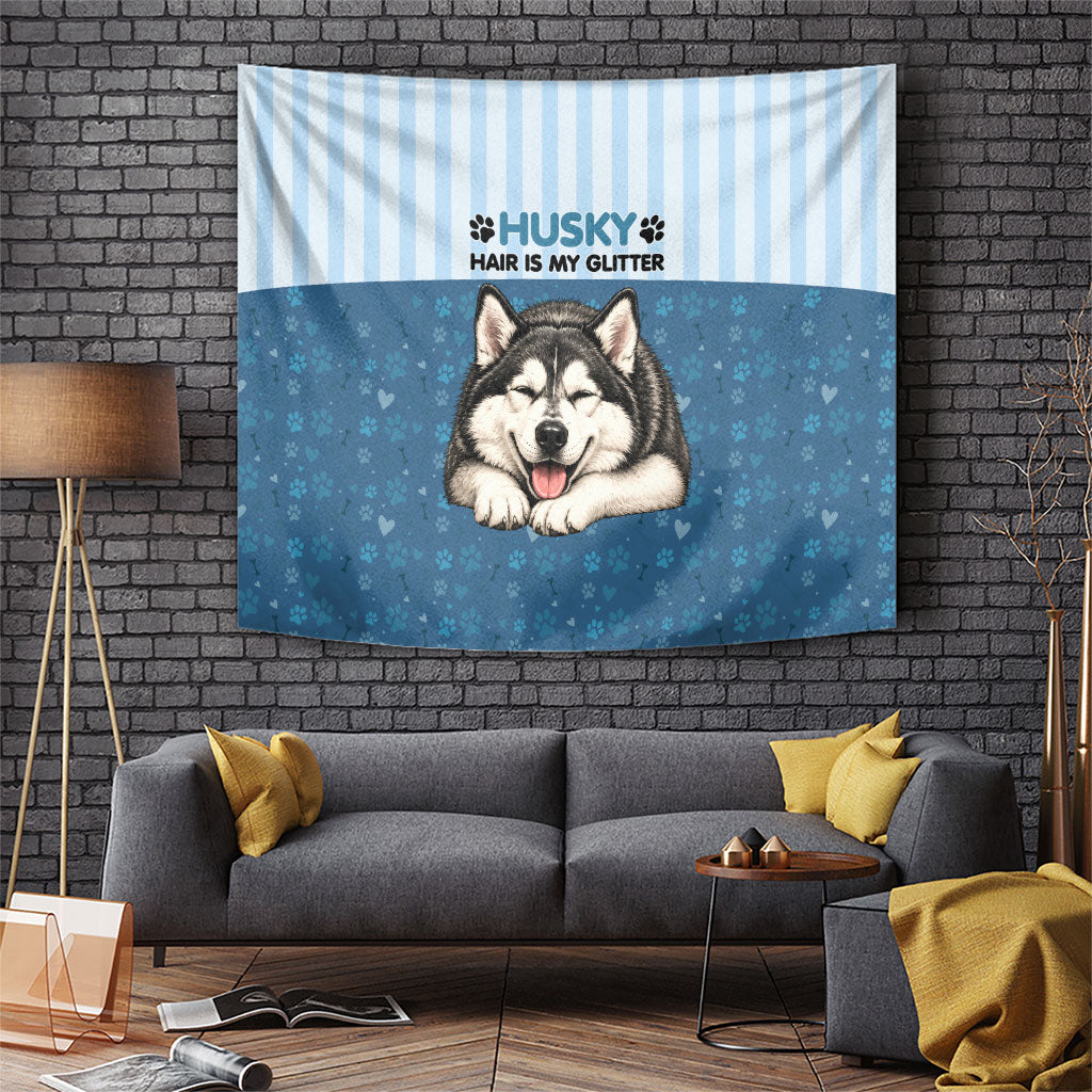 Husky Hair Is My Glitter Tapestry Funny Dog Quote Paw Print Pattern