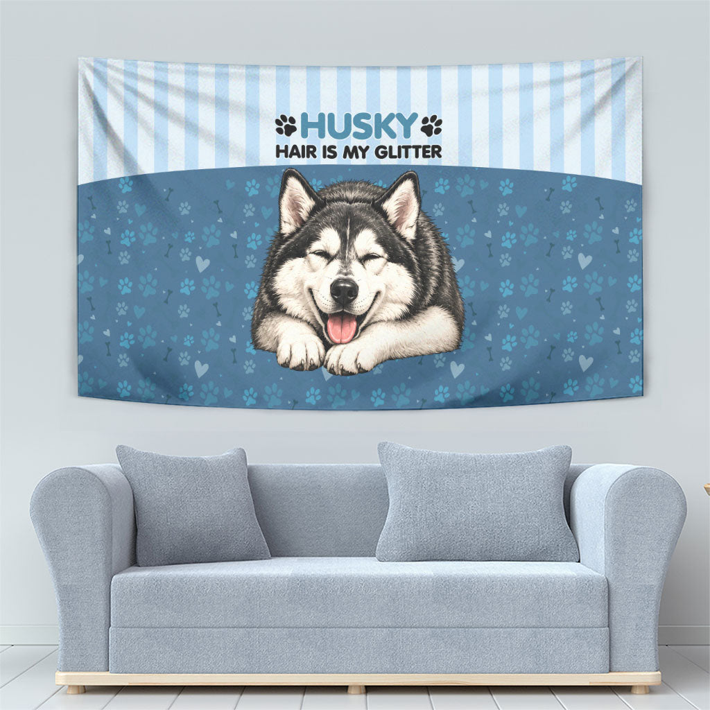 Husky Hair Is My Glitter Tapestry Funny Dog Quote Paw Print Pattern