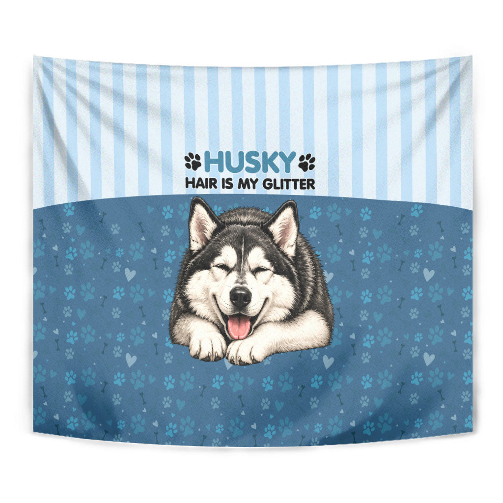 Husky Hair Is My Glitter Tapestry Funny Dog Quote Paw Print Pattern