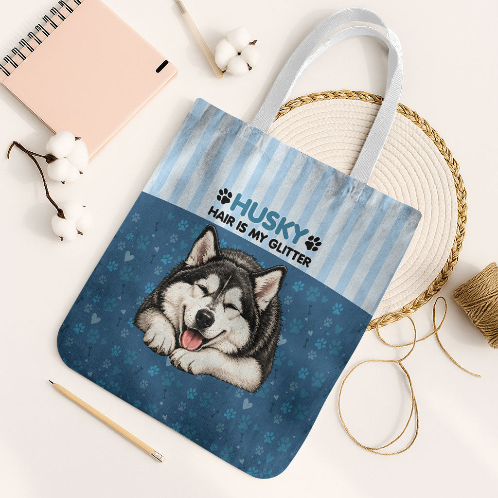 Husky Hair Is My Glitter Tote Bag Funny Dog Quote Paw Print Pattern