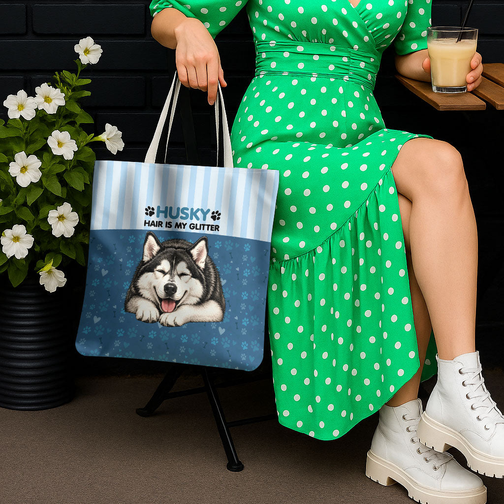Husky Hair Is My Glitter Tote Bag Funny Dog Quote Paw Print Pattern