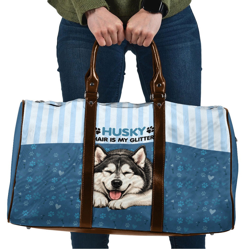 Husky Hair Is My Glitter Travel Bag Funny Dog Quote Paw Print Pattern