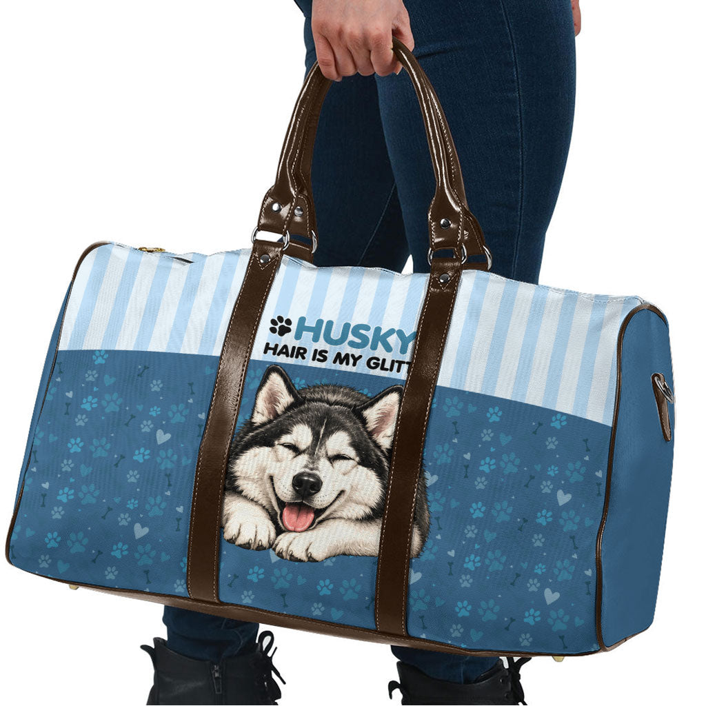 Husky Hair Is My Glitter Travel Bag Funny Dog Quote Paw Print Pattern