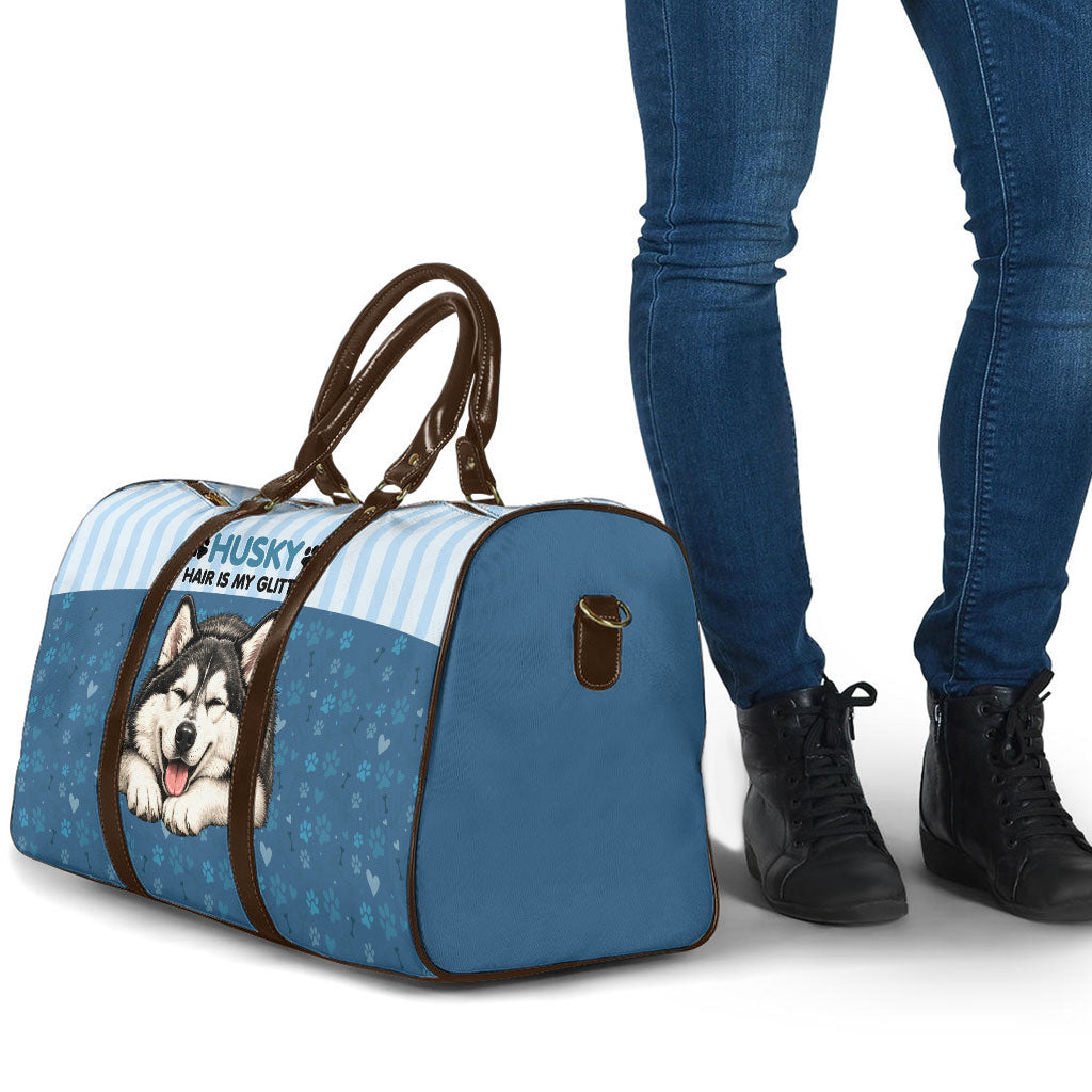 Husky Hair Is My Glitter Travel Bag Funny Dog Quote Paw Print Pattern