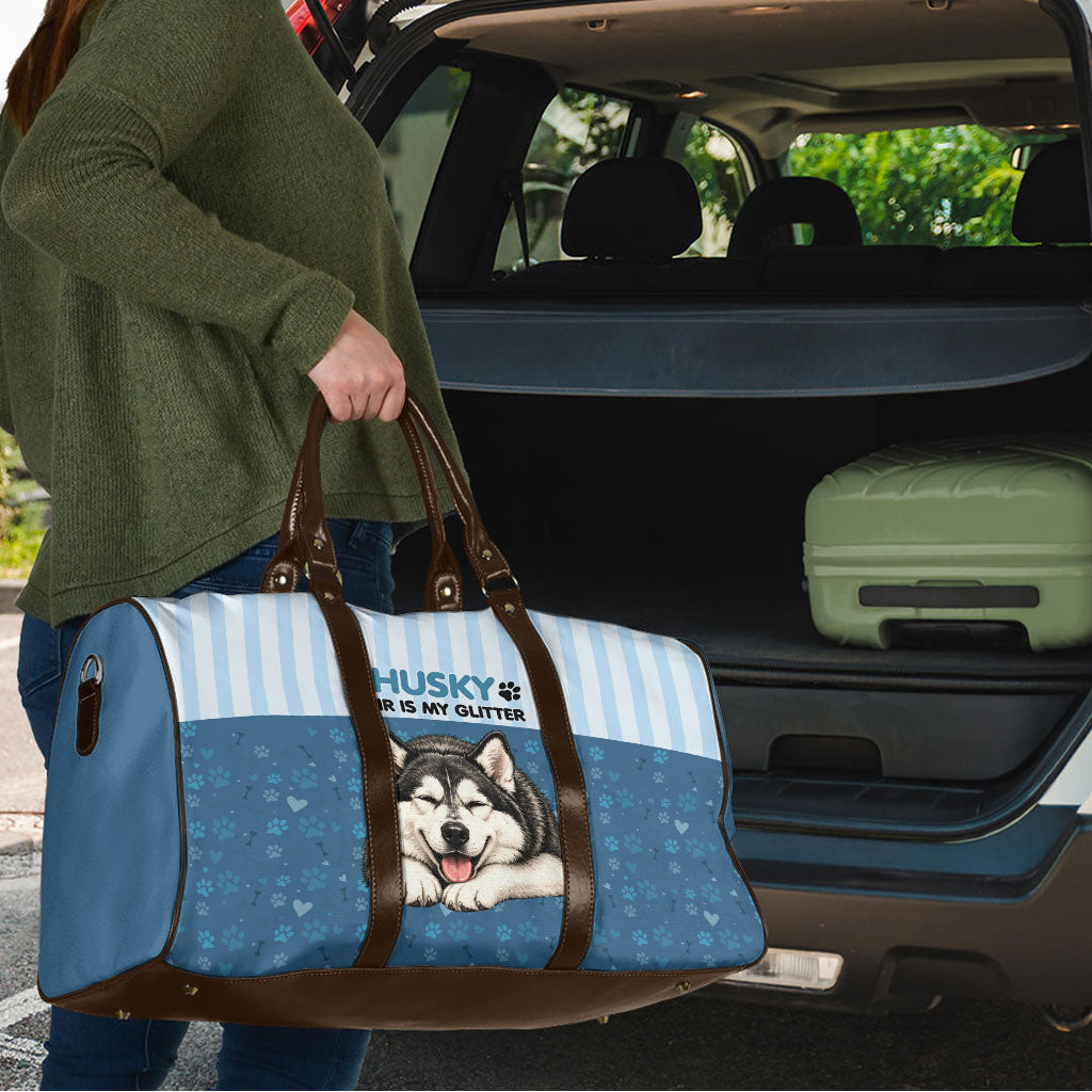 Husky Hair Is My Glitter Travel Bag Funny Dog Quote Paw Print Pattern