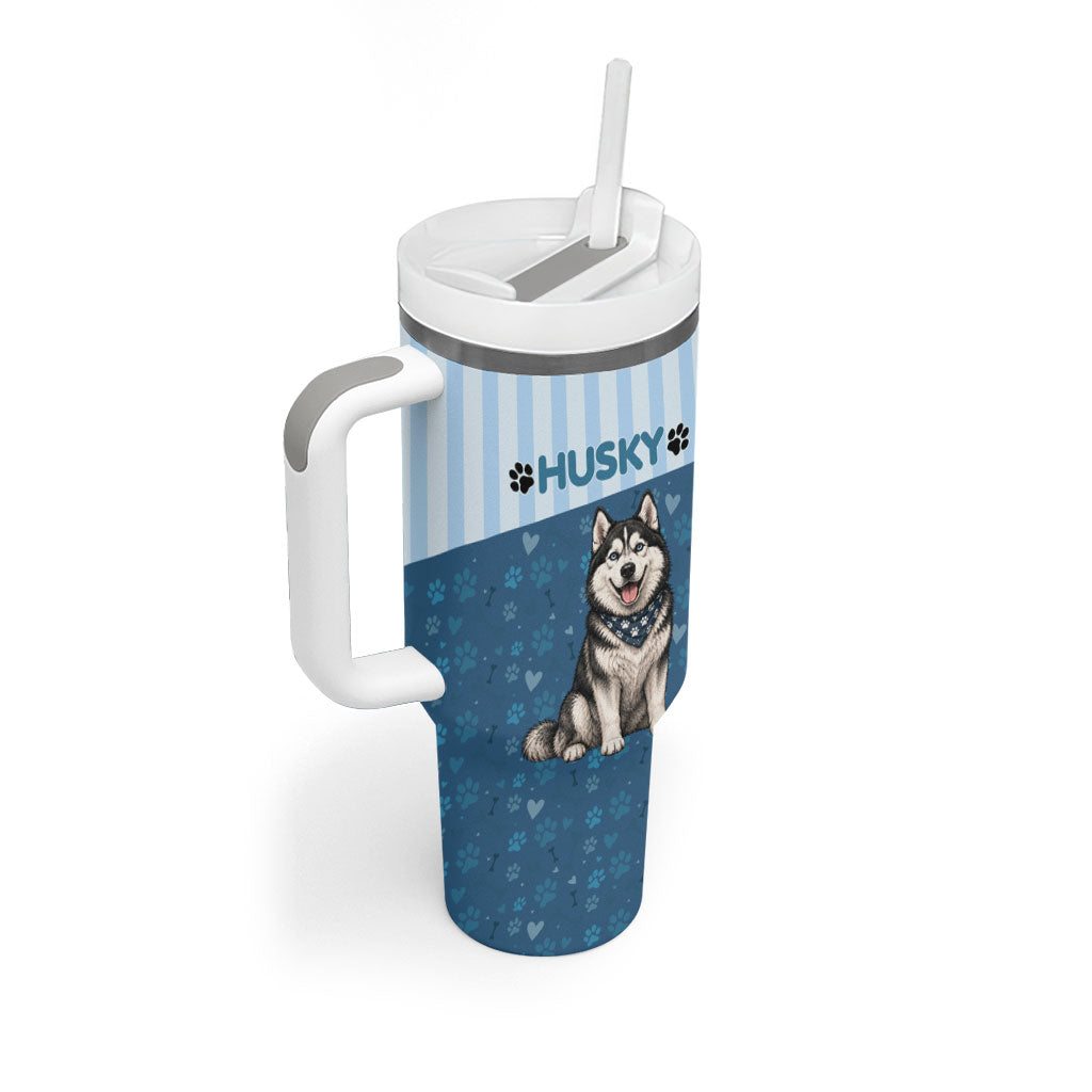 Husky Hair Is My Glitter Tumbler With Handle Funny Dog Quote Paw Print Pattern