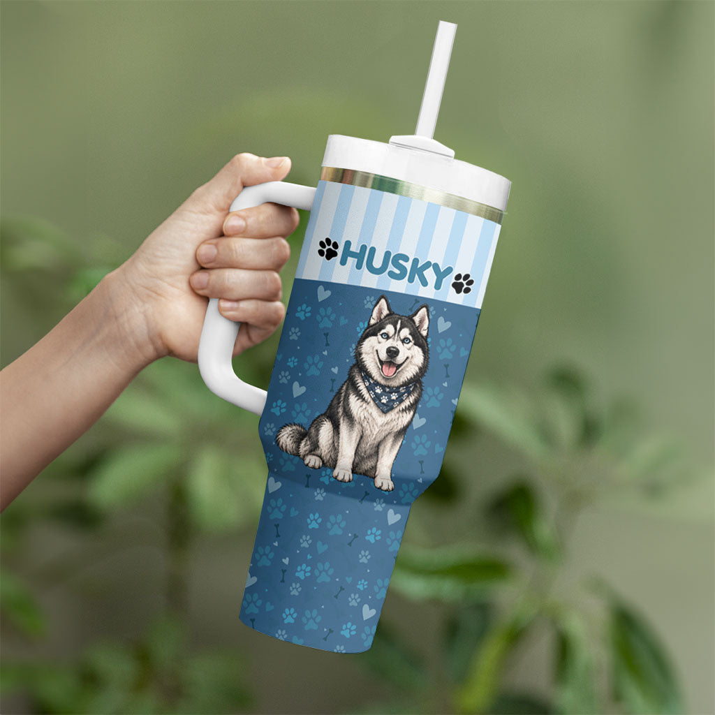 Husky Hair Is My Glitter Tumbler With Handle Funny Dog Quote Paw Print Pattern