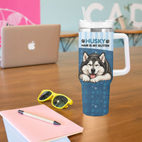 Husky Hair Is My Glitter Tumbler With Handle Funny Dog Quote Paw Print Pattern