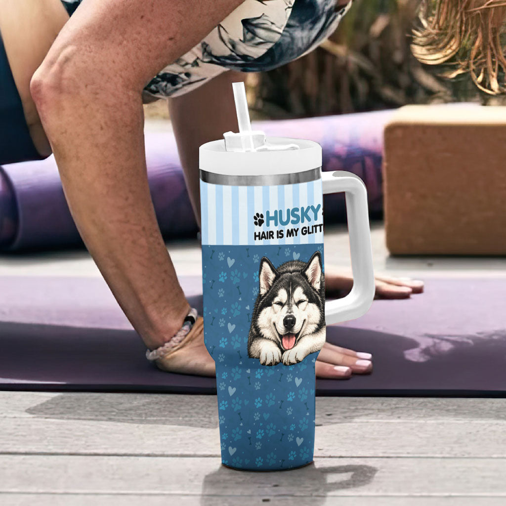 Husky Hair Is My Glitter Tumbler With Handle Funny Dog Quote Paw Print Pattern