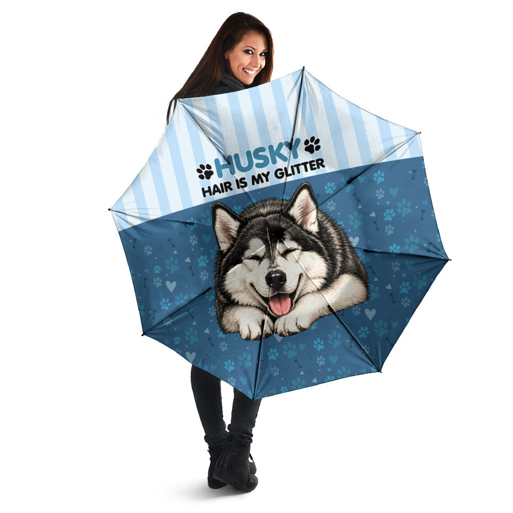 Husky Hair Is My Glitter Umbrella Funny Dog Quote Paw Print Pattern