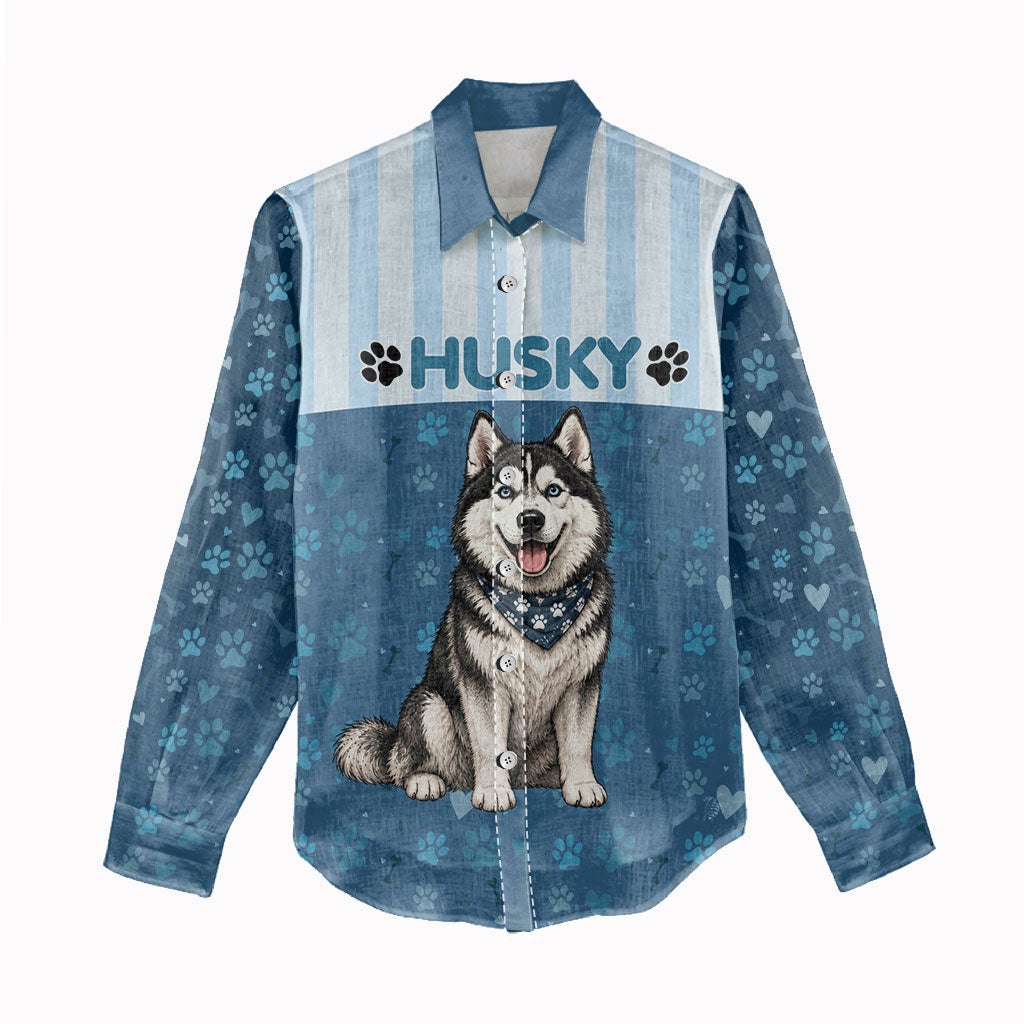 Husky Hair Is My Glitter Women Casual Shirt Funny Dog Quote Paw Print Pattern