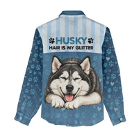 Husky Hair Is My Glitter Women Casual Shirt Funny Dog Quote Paw Print Pattern