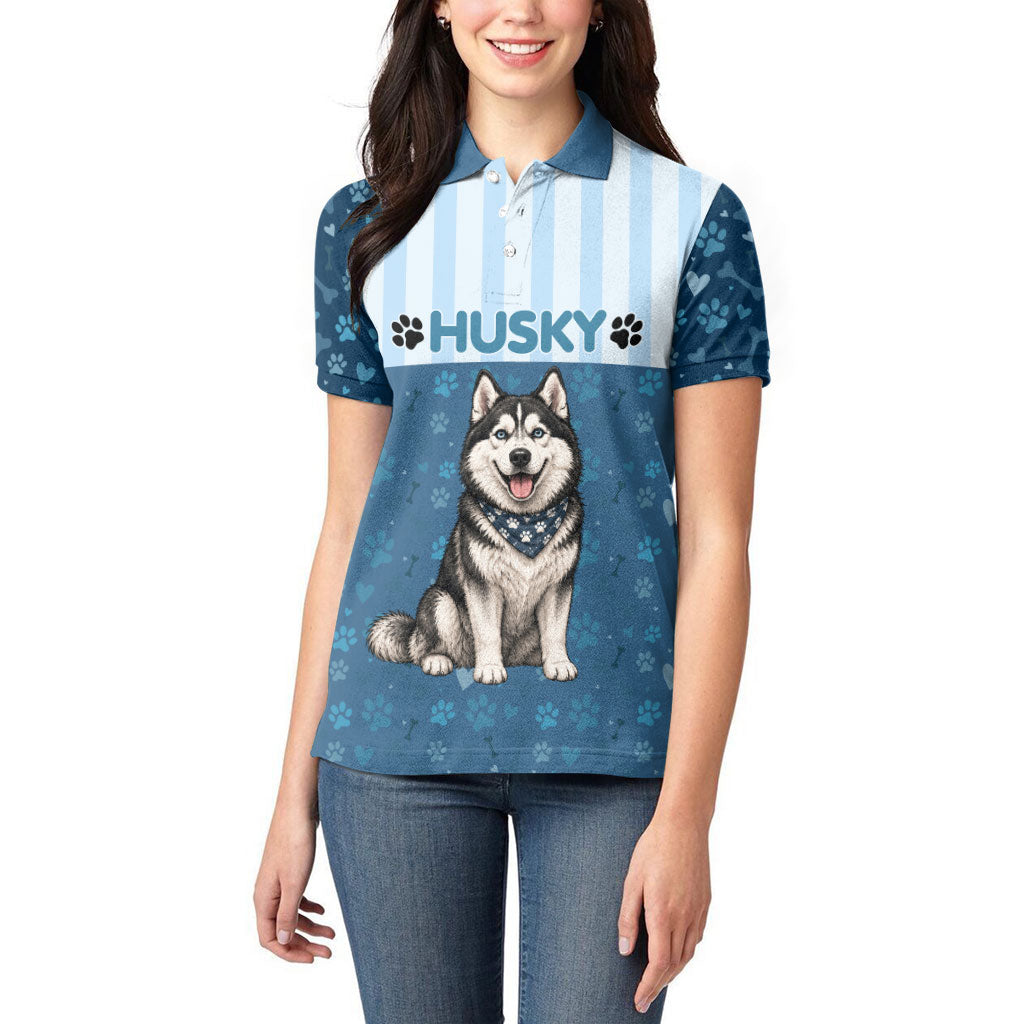 Husky Hair Is My Glitter Women Polo Shirt Funny Dog Quote Paw Print Pattern