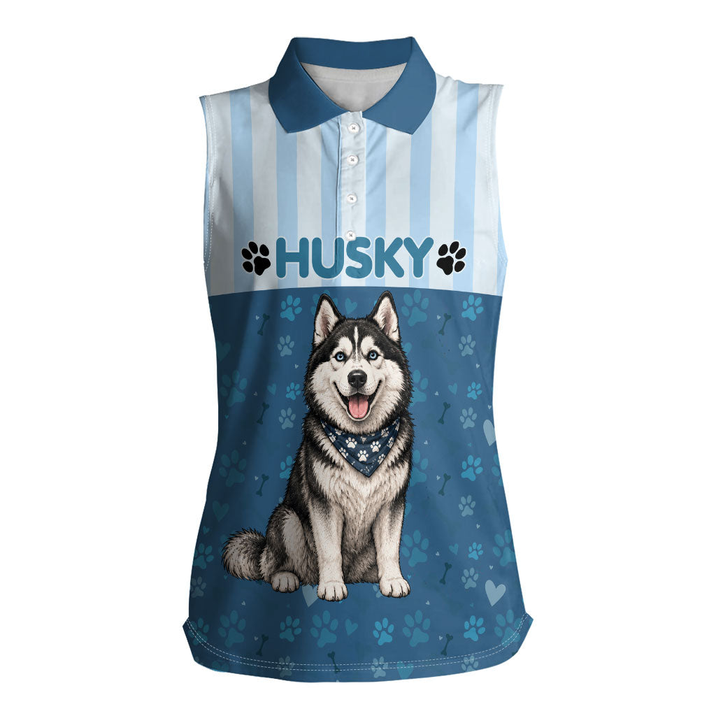 Husky Hair Is My Glitter Women Sleeveless Polo Shirt Funny Dog Quote Paw Print Pattern
