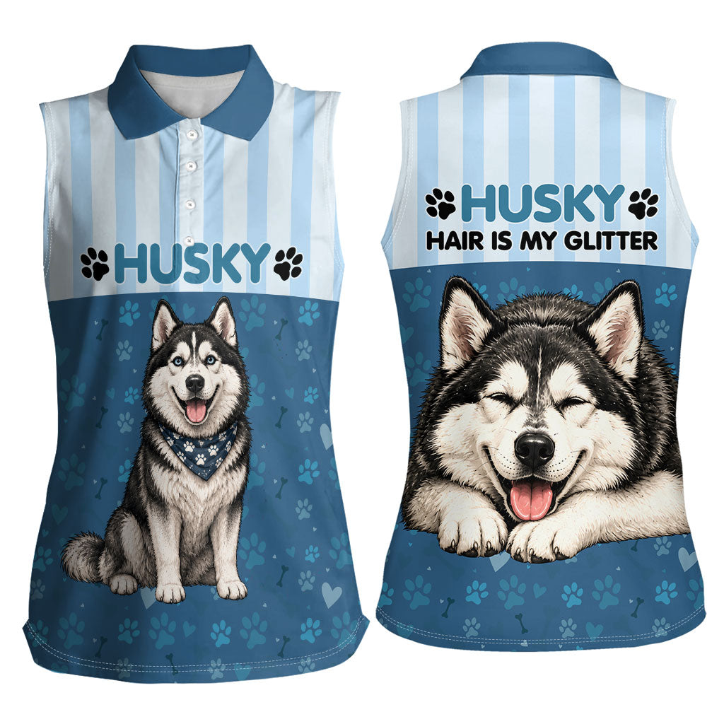 Husky Hair Is My Glitter Women Sleeveless Polo Shirt Funny Dog Quote Paw Print Pattern