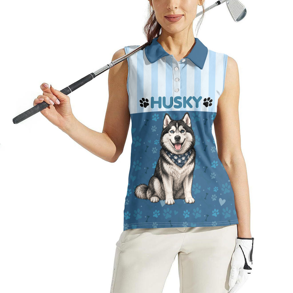 Husky Hair Is My Glitter Women Sleeveless Polo Shirt Funny Dog Quote Paw Print Pattern