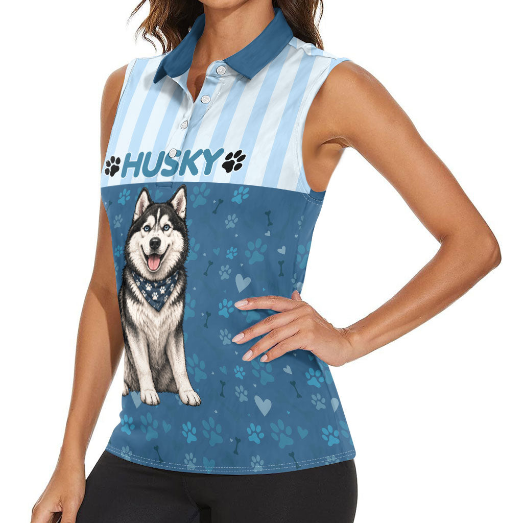 Husky Hair Is My Glitter Women Sleeveless Polo Shirt Funny Dog Quote Paw Print Pattern