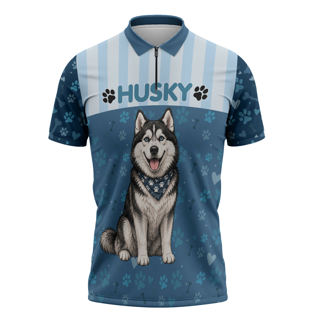 Husky Hair Is My Glitter Zipper Polo Shirt Funny Dog Quote Paw Print Pattern