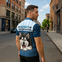Husky Hair Is My Glitter Zipper Polo Shirt Funny Dog Quote Paw Print Pattern