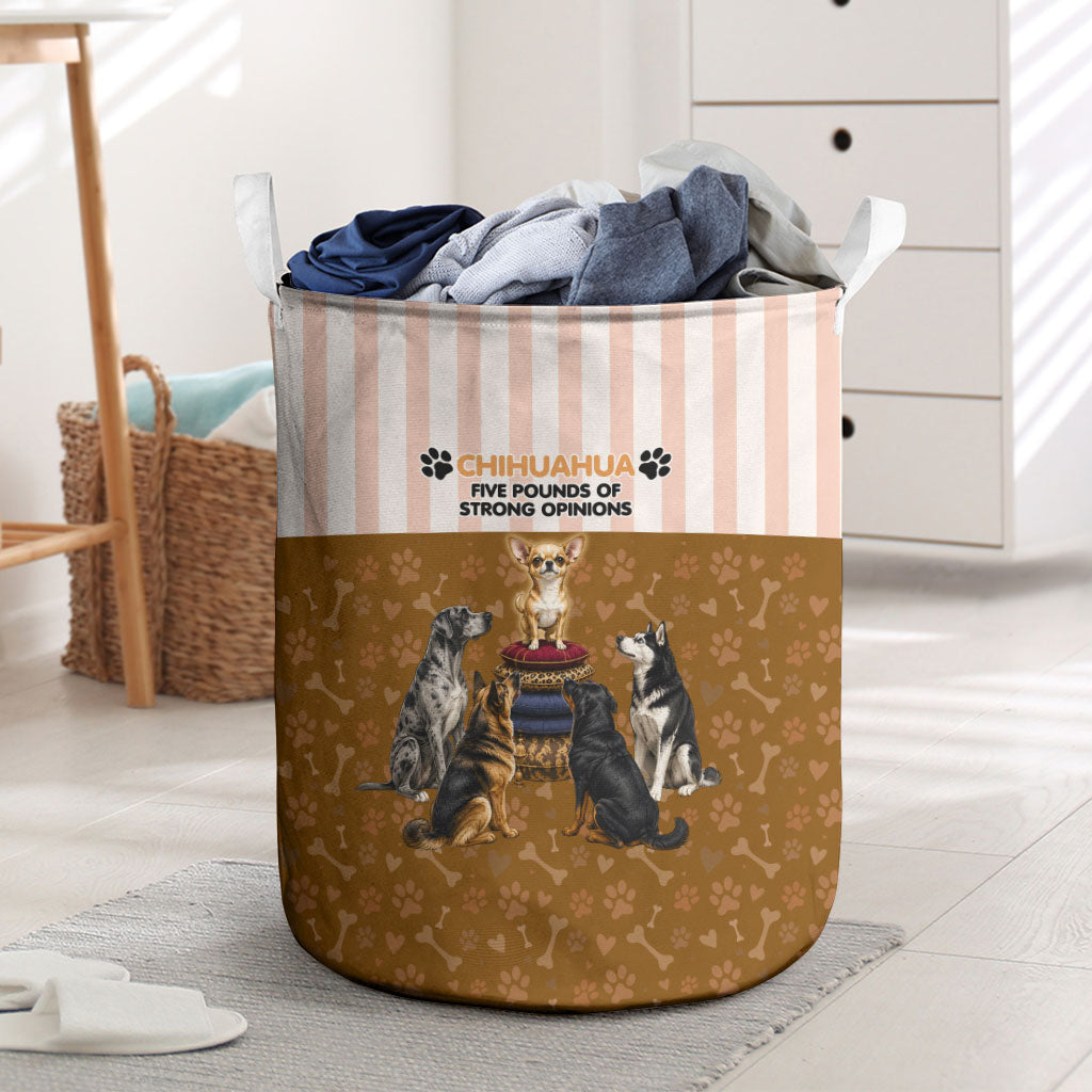 Chihuahua Five Pounds Of Strong Opinions Laundry Basket Funny Dog Quote Paw Print Pattern