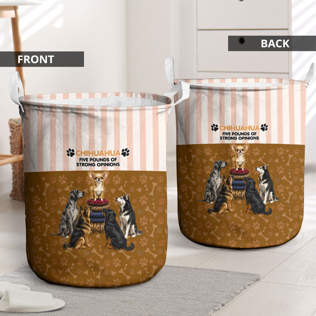 Chihuahua Five Pounds Of Strong Opinions Laundry Basket Funny Dog Quote Paw Print Pattern