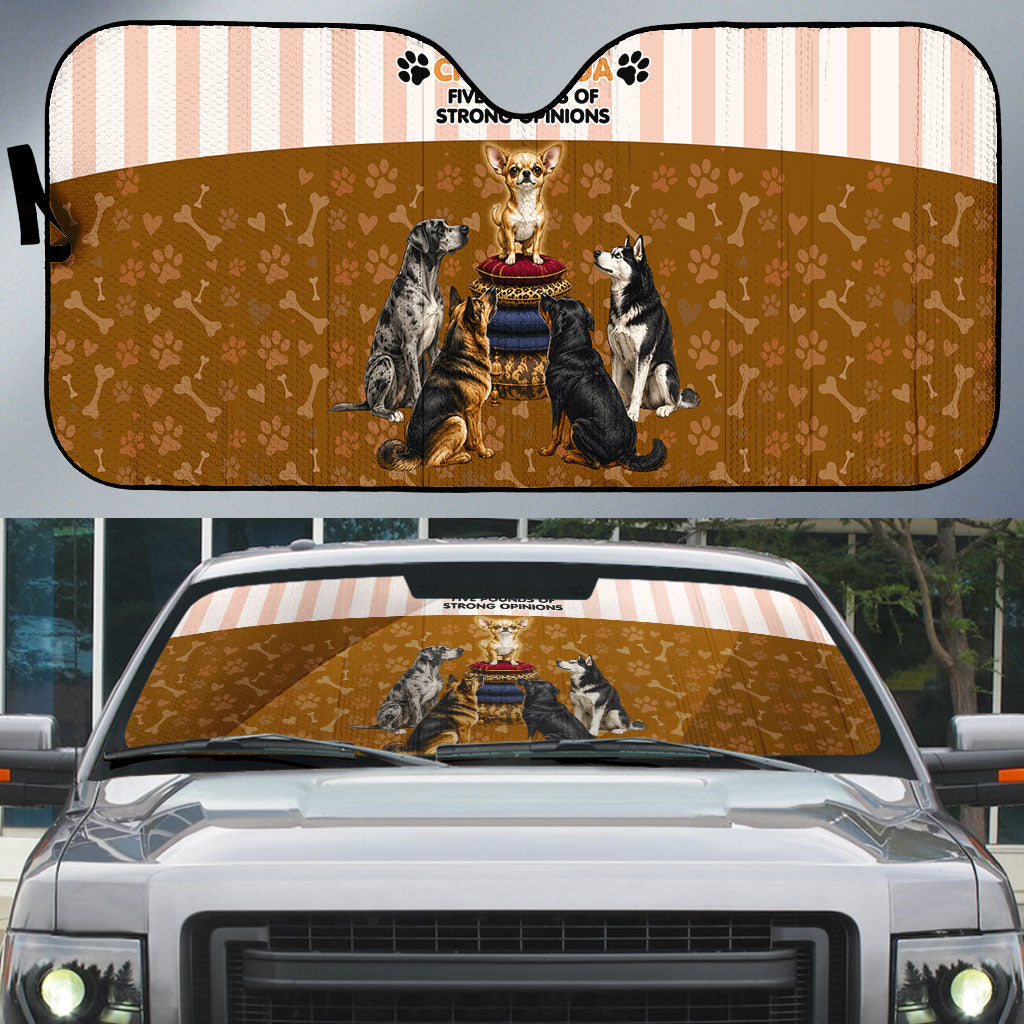 Chihuahua Five Pounds Of Strong Opinions Auto Sun Shade Funny Dog Quote Paw Print Pattern