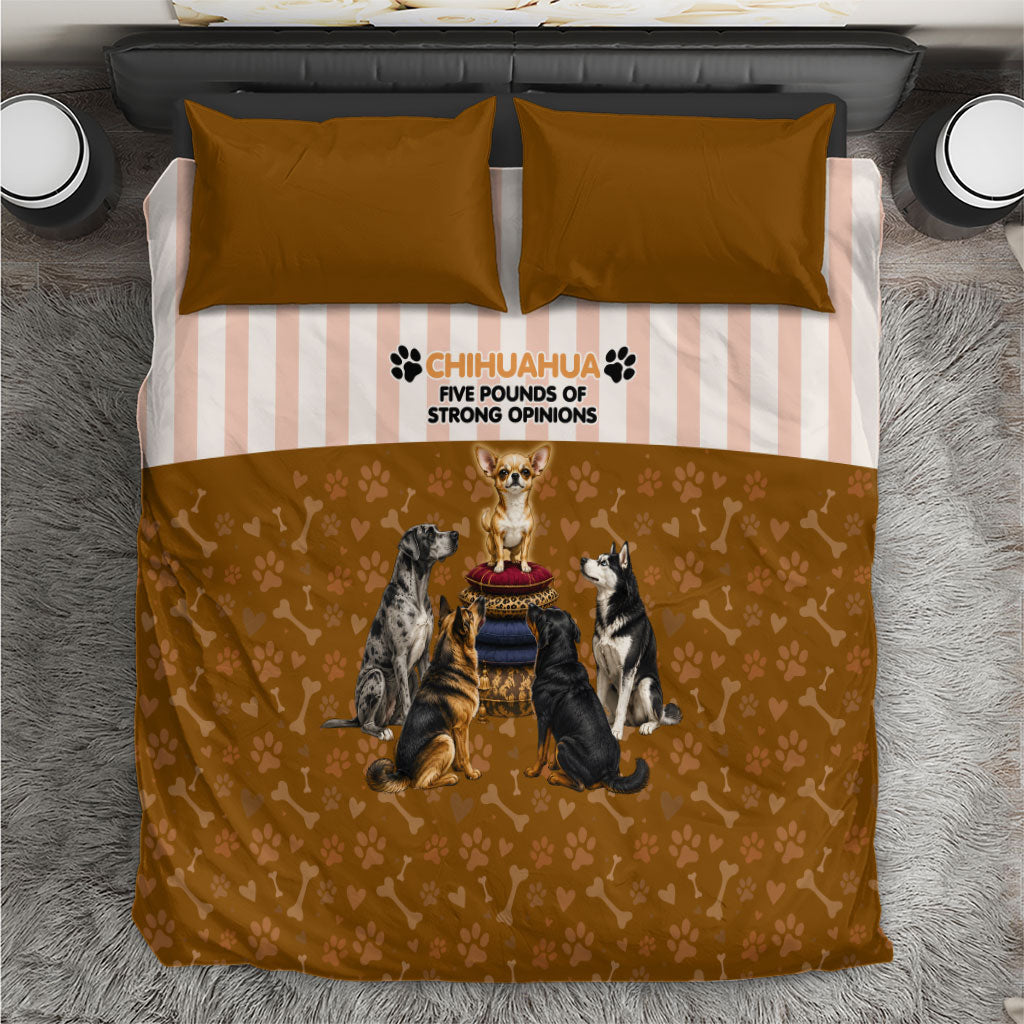 Chihuahua Five Pounds Of Strong Opinions Bedding Set Funny Dog Quote Paw Print Pattern