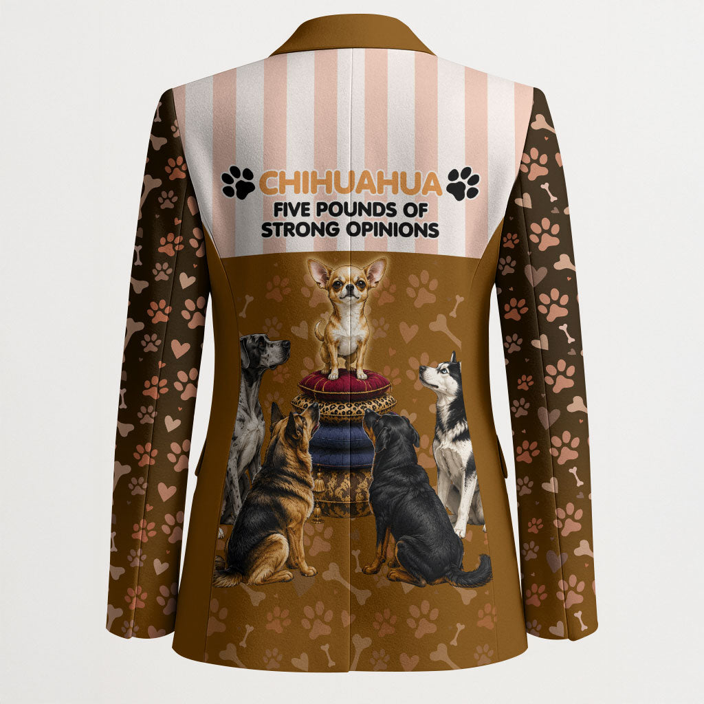 Chihuahua Five Pounds Of Strong Opinions Blazer Funny Dog Quote Paw Print Pattern