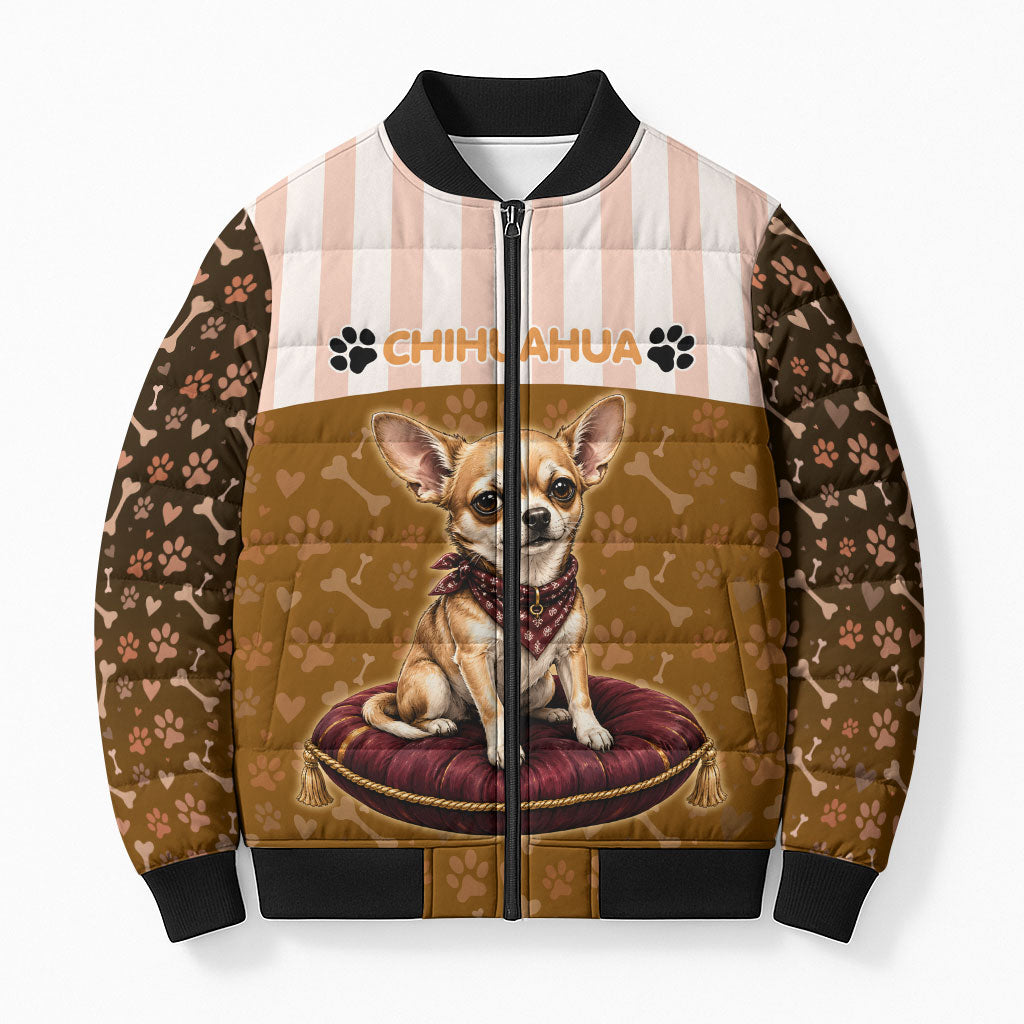 Chihuahua Five Pounds Of Strong Opinions Bomber Puffer Jacket Funny Dog Quote Paw Print Pattern