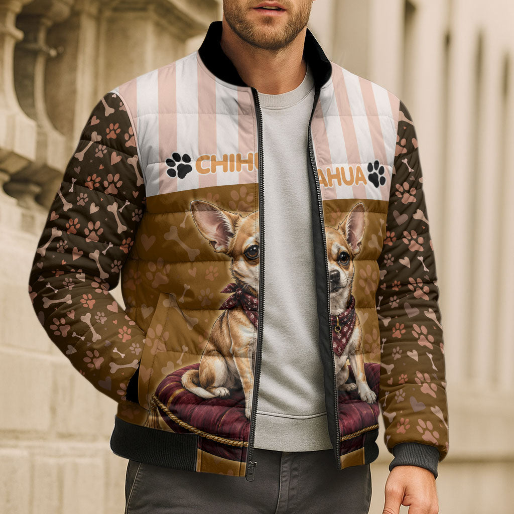 Chihuahua Five Pounds Of Strong Opinions Bomber Puffer Jacket Funny Dog Quote Paw Print Pattern