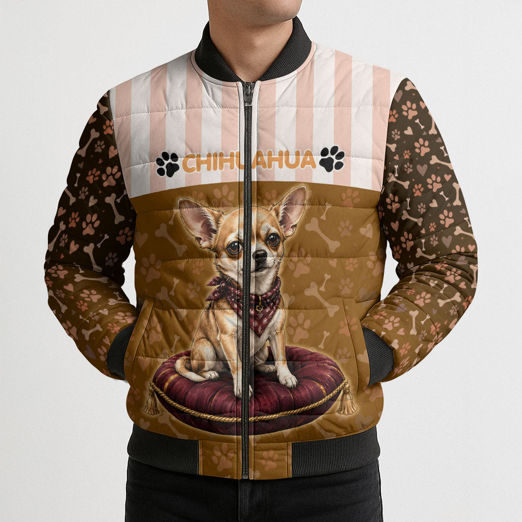 Chihuahua Five Pounds Of Strong Opinions Bomber Puffer Jacket Funny Dog Quote Paw Print Pattern