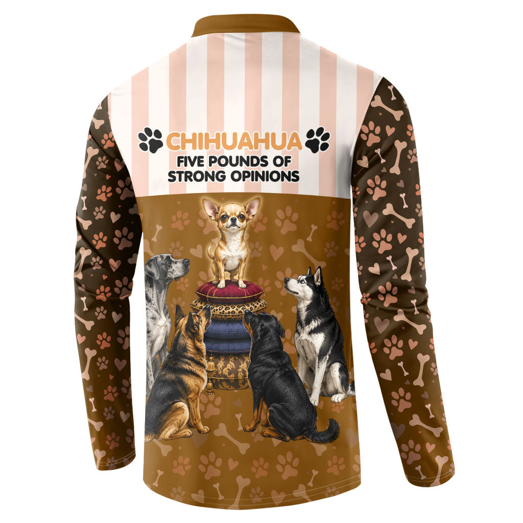 Chihuahua Five Pounds Of Strong Opinions Button Sweatshirt Funny Dog Quote Paw Print Pattern