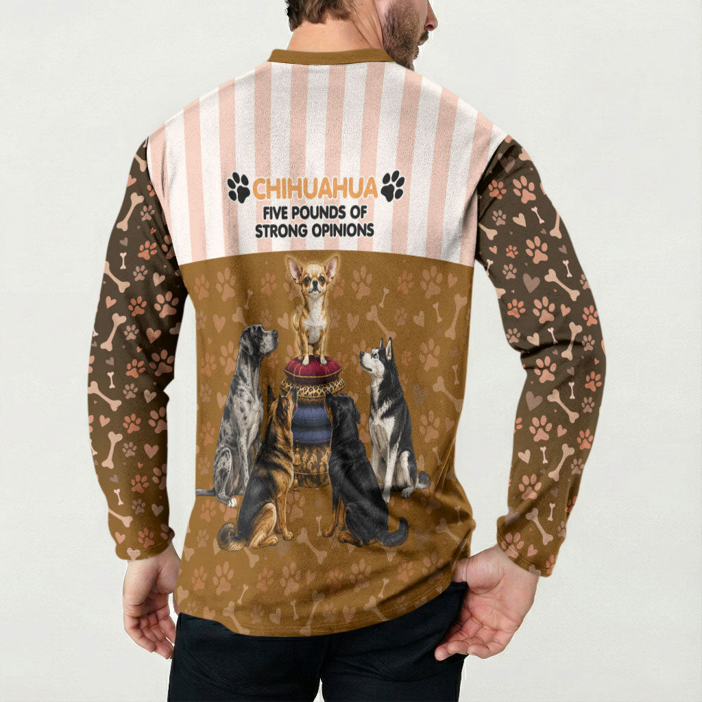 Chihuahua Five Pounds Of Strong Opinions Button Sweatshirt Funny Dog Quote Paw Print Pattern