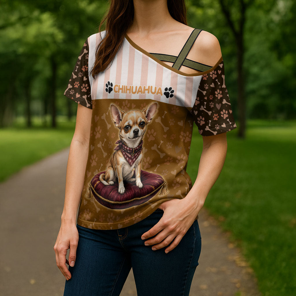 Chihuahua Five Pounds Of Strong Opinions Cross Shoulder Shirt Funny Dog Quote Paw Print Pattern