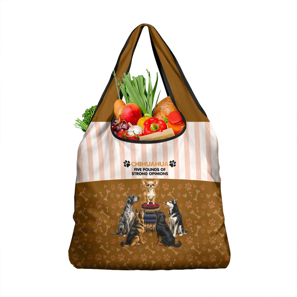 Chihuahua Five Pounds Of Strong Opinions Grocery Bag Funny Dog Quote Paw Print Pattern