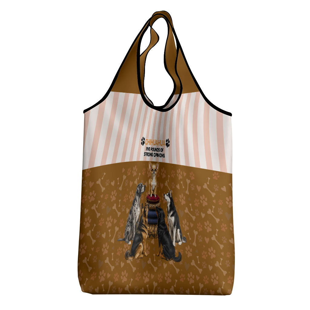 Chihuahua Five Pounds Of Strong Opinions Grocery Bag Funny Dog Quote Paw Print Pattern
