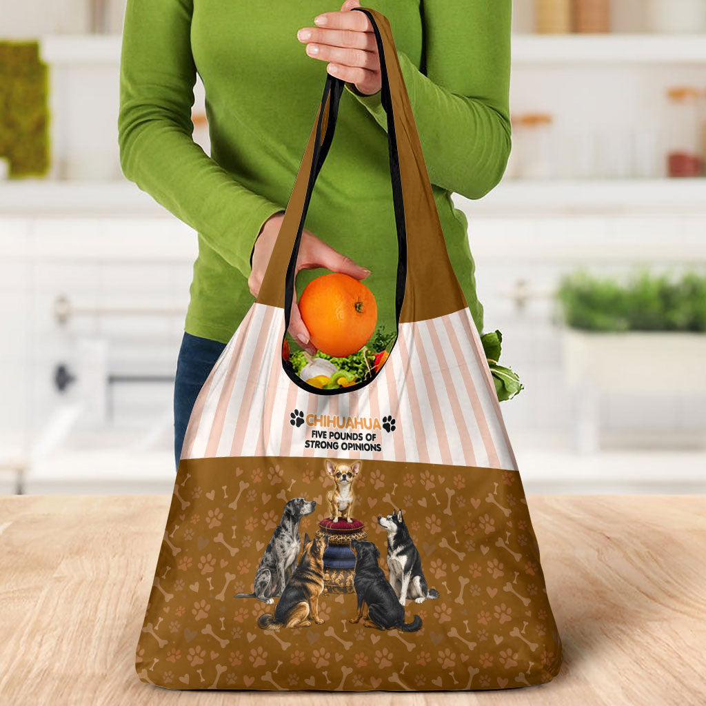 Chihuahua Five Pounds Of Strong Opinions Grocery Bag Funny Dog Quote Paw Print Pattern