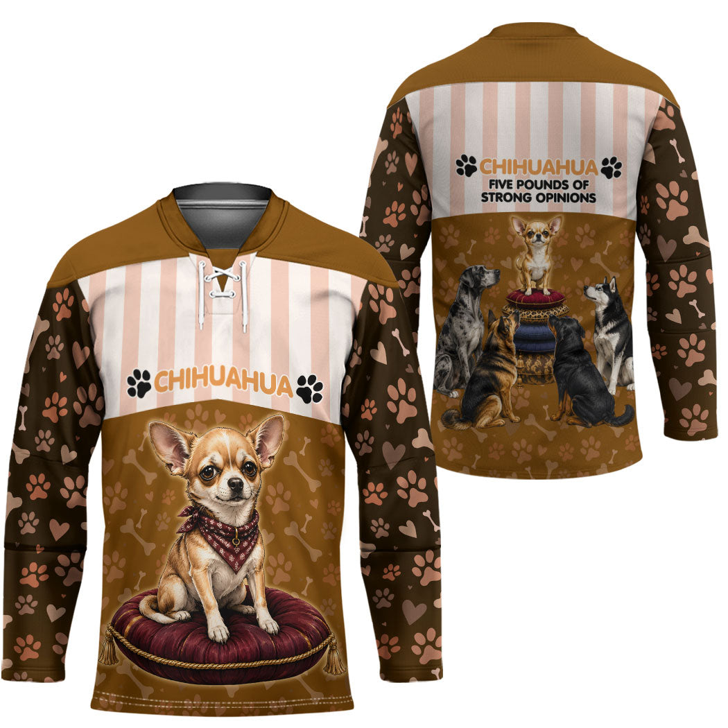 Chihuahua Five Pounds Of Strong Opinions Hockey Jersey Funny Dog Quote Paw Print Pattern