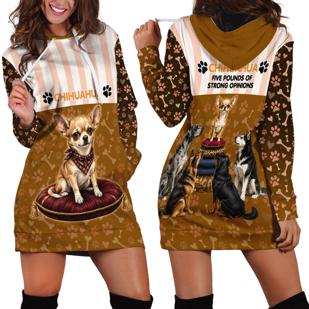 Chihuahua Five Pounds Of Strong Opinions Hoodie Dress Funny Dog Quote Paw Print Pattern