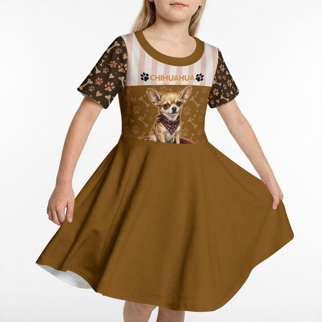 Chihuahua Five Pounds Of Strong Opinions Kid Short Sleeve Dress Funny Dog Quote Paw Print Pattern