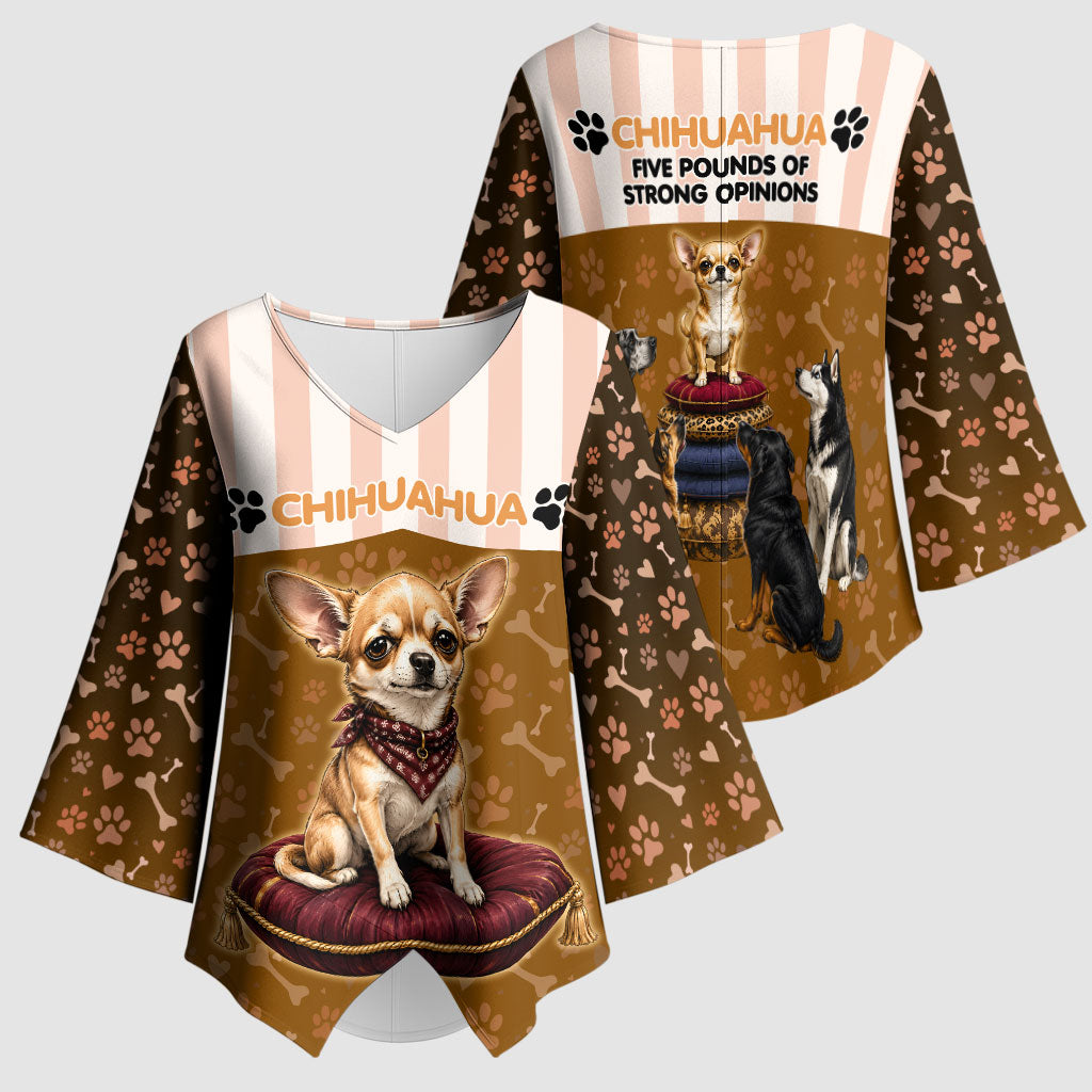 Chihuahua Five Pounds Of Strong Opinions Kimono Sleeve Blouse Funny Dog Quote Paw Print Pattern