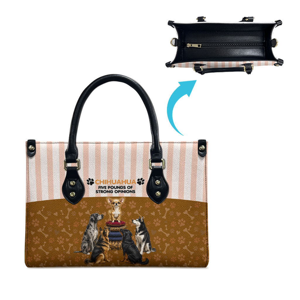 Chihuahua Five Pounds Of Strong Opinions Leather Bag Funny Dog Quote Paw Print Pattern