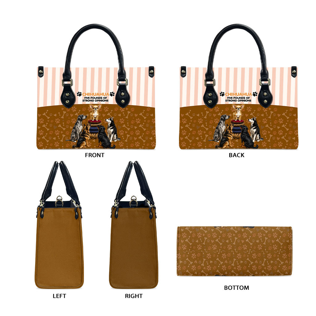 Chihuahua Five Pounds Of Strong Opinions Leather Bag Funny Dog Quote Paw Print Pattern